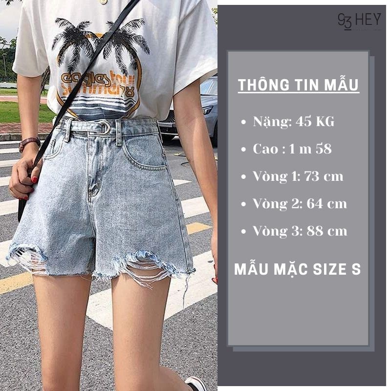 [Mã FAGREEN245 giảm tới 30K đơn 99K] Quần Short Jean Nữ Ống Rộng Cạp Cao Rách Gấu Màu Xanh Đai Cúc Phong Cách 93HEY QS02