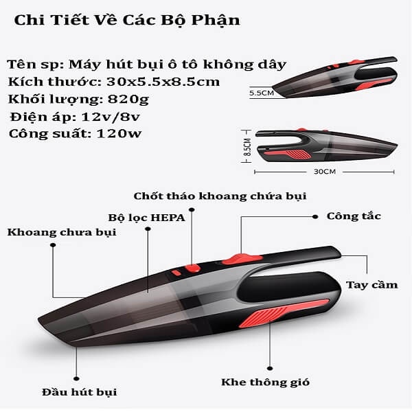 Máy Hút Bụi Mini Cầm Tay Ô Tô, Xe Hơi, Không Dây, Có Đèn Led, BH 3 Tháng, Nhỏ Gọn, Tiện Dụng