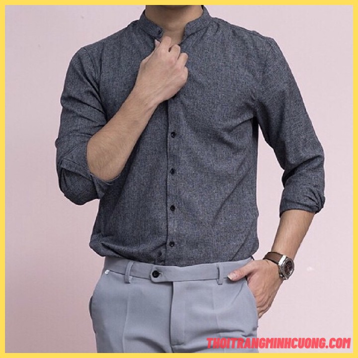 Sơ mi cổ tàu vải đũi cao cấp thoáng mát, sơ mi đũi form dáng slimfit xưởng May Minh Cường   - SMTD