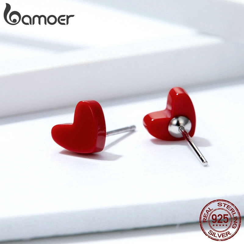 BAMOER Bông Tai Hình Trái Tim Đính Đá Đỏ Phong Cách Hàn Quốc 2019 Cho Nữ