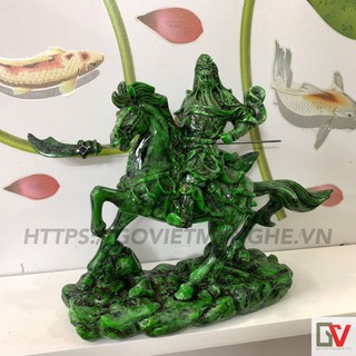 Tượng đá Quan Công phong thuỷ - Quan Công cầm đao cưỡi ngựa - Dài 25cm - Màu xanh lục bích