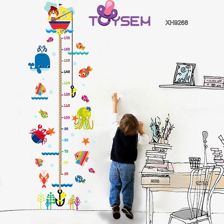 Decal đo chiều cao hình cá biển Toysem dán tường cho bé - Quà tặng sinh nhật
