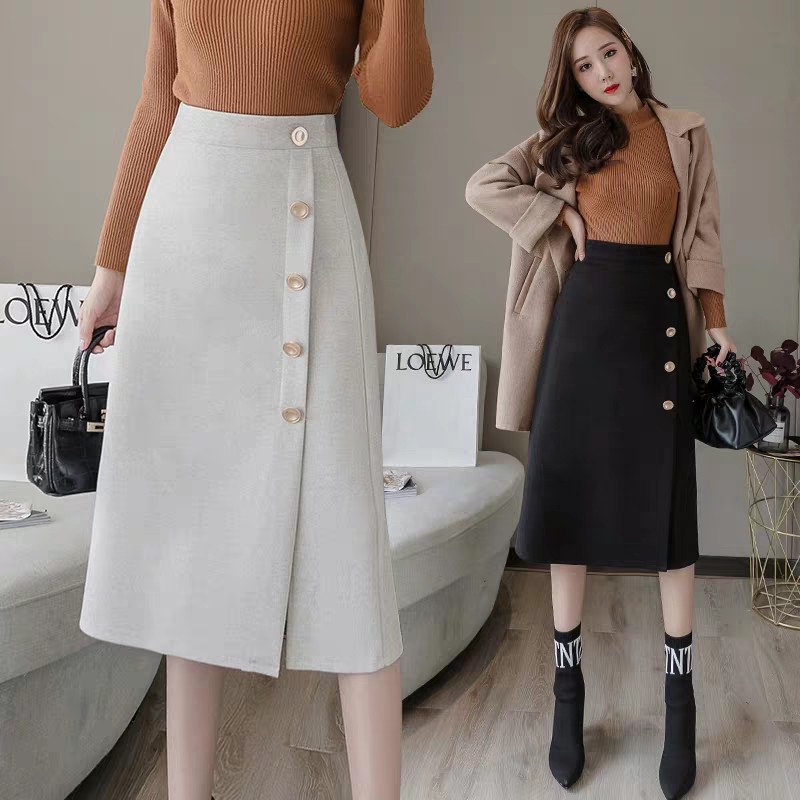 chân váy chữ A tuyết mưa phối cúc đáp tà lệch