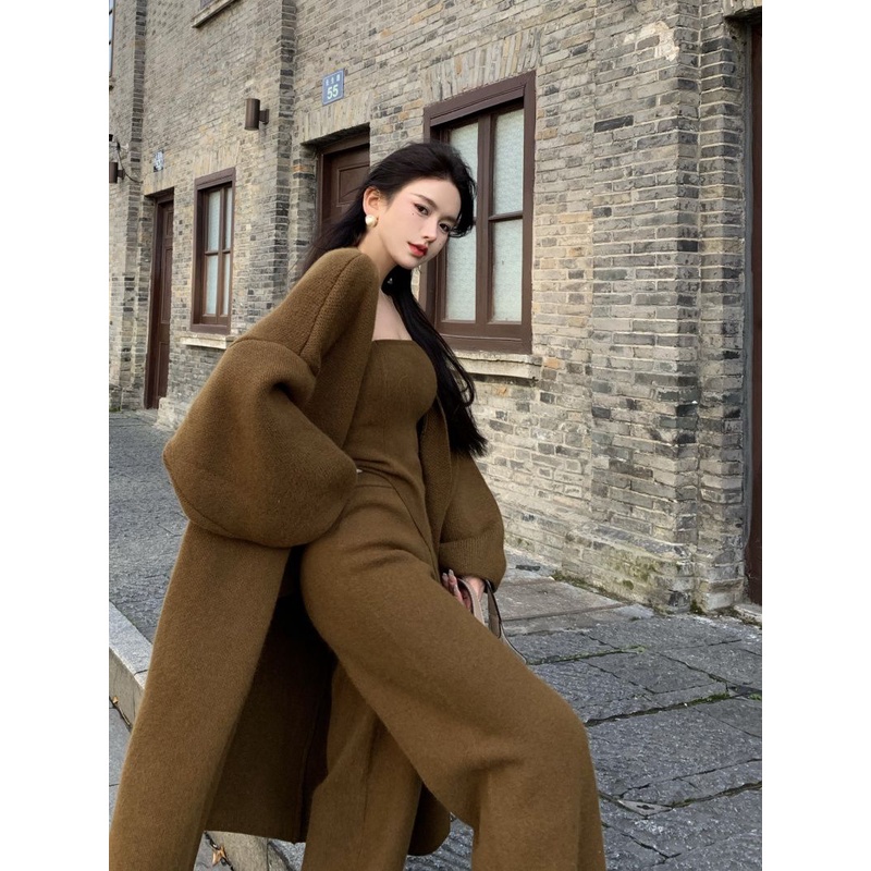 One-piece / suit autumn and winter new knitted medium-and long-style coat + irregular bra vest + long trousers
