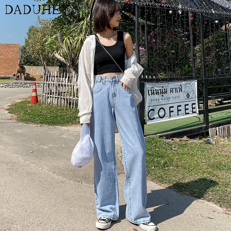 Quần jeans dài daduhey vải denim ống rộng lưng cao có thể điều chỉnh được thời trang dành cho nữ (có thắt lưng)