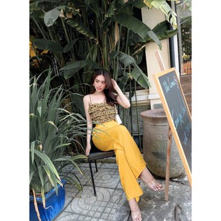 Set Lụa Áo Croptop Hai Dây Nhún Bèo Hoa Nhí Quần Ống Rộng Lưng Cao Nữ Sang Chảnh.