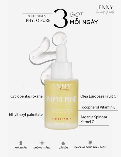 [Mã 153FMCGSALE1 giảm 10% đơn 250K] Serum Enny PHYTO PURE siêu căng bóng, mờ thâm, sáng da, chống nhăn.