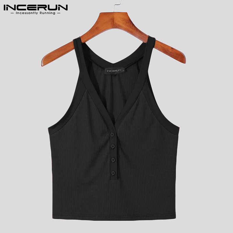 Áo tanktop croptop INCERUN dệt kim cài nút cổ V không tay thường ngày cho nam