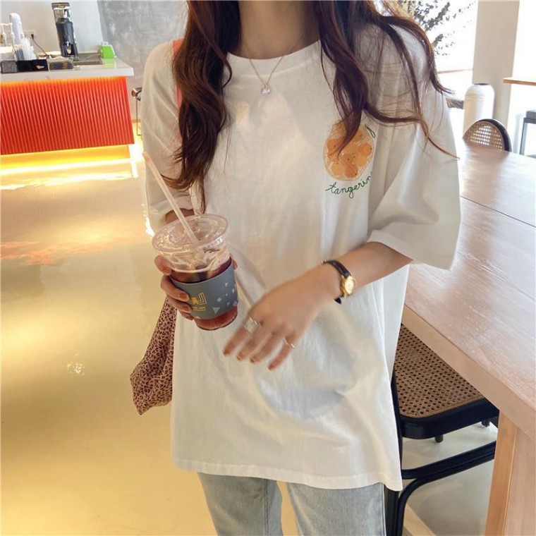Áo Thun Nữ Tay Ngắn Cổ Tròn In Hình Quả Cam 100% Cotton