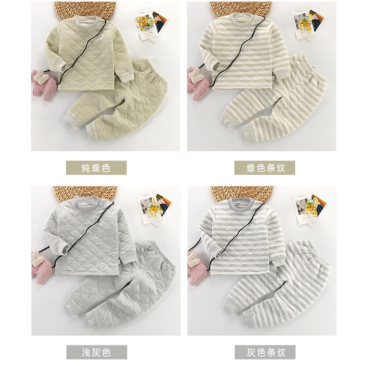 Bộ Đồ Lót Vải Cotton Ba Lớp Tay Dài Giữ Ấm Mùa Thu Đông Cho Bé 60-130CM