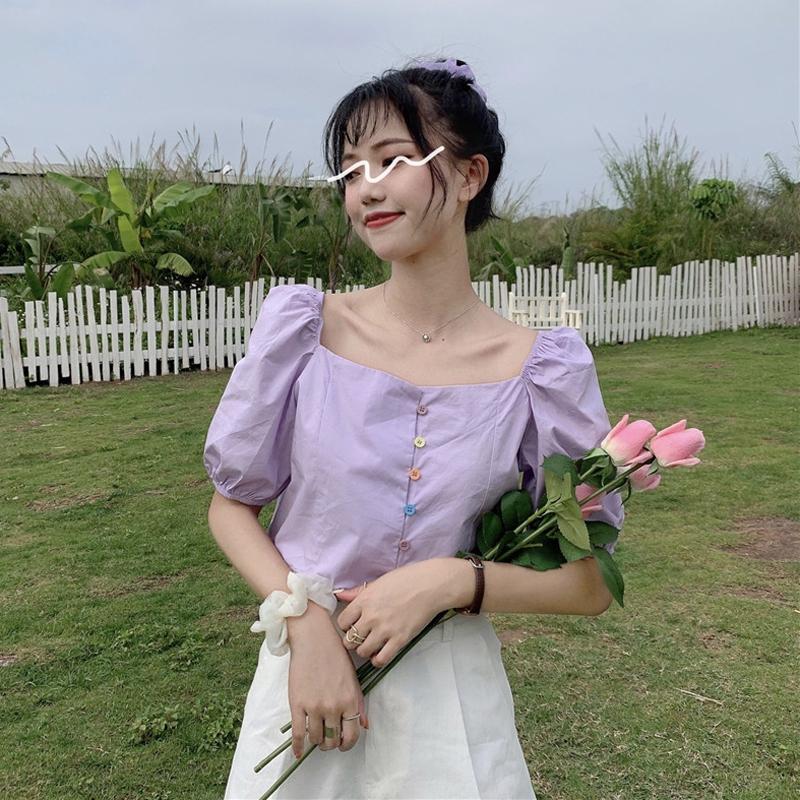 Áo hở vai áo kiểu nữ tay phồng ngắn cổ vuông màu tím dễ thương điệu đà sang chảnh thời trang 2020 | BigBuy360 - bigbuy360.vn