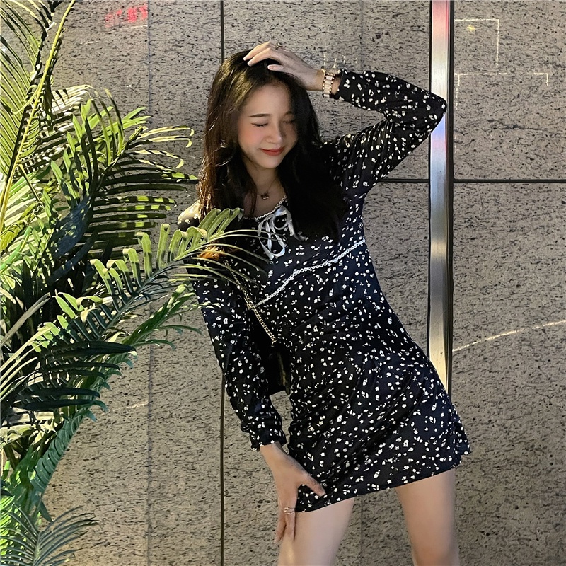 Đầm ngắn dáng ôm in hoa kiểu retro Hàn Quốc thời trang mùa thu mới cho nữ