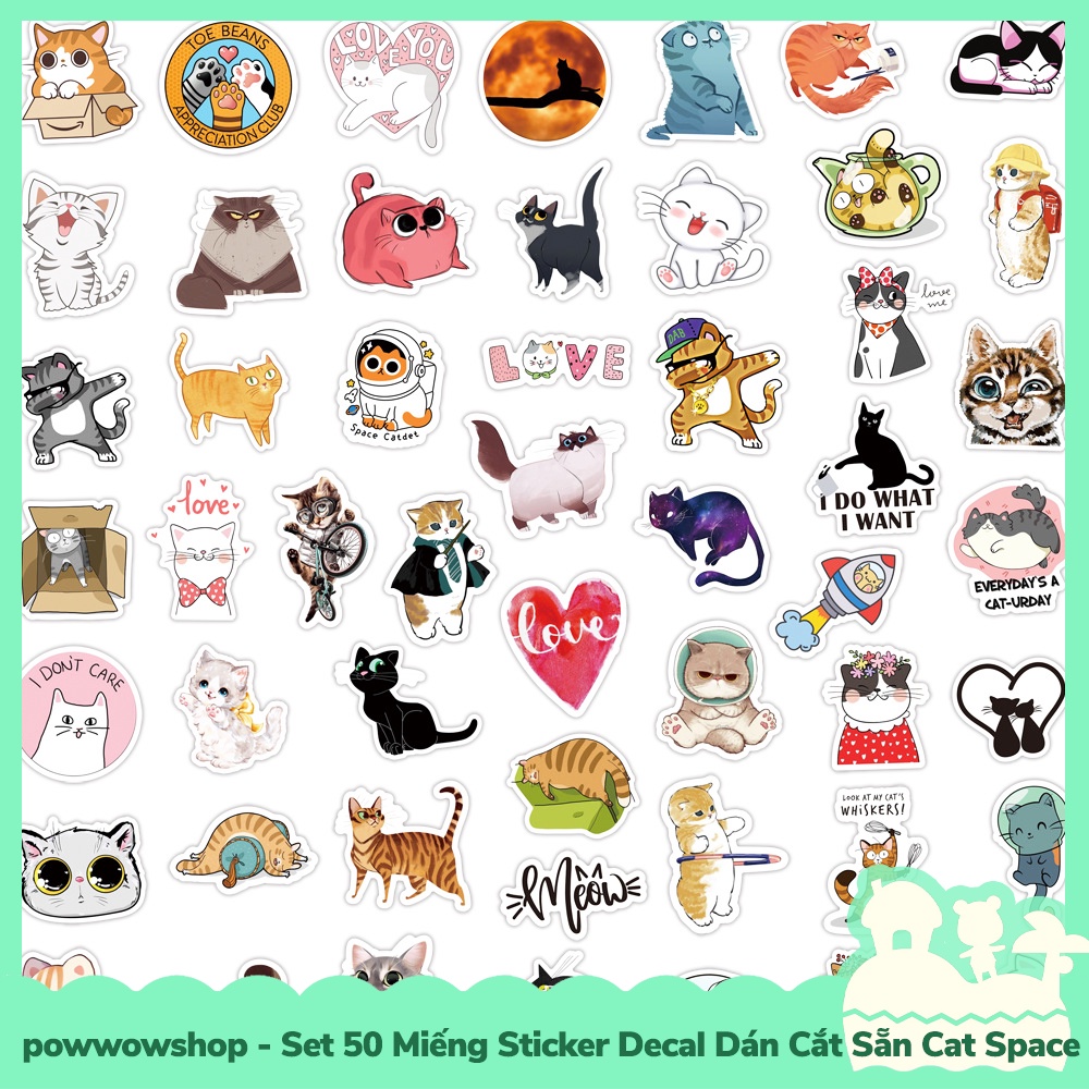 [Sẵn VN - Hỏa Tốc] Set 50 Miếng Sticker Decal Cắt Sẵn DIY Dán Trang Trí Vật Dụng Mẫu Cat Emotion Space Lovely