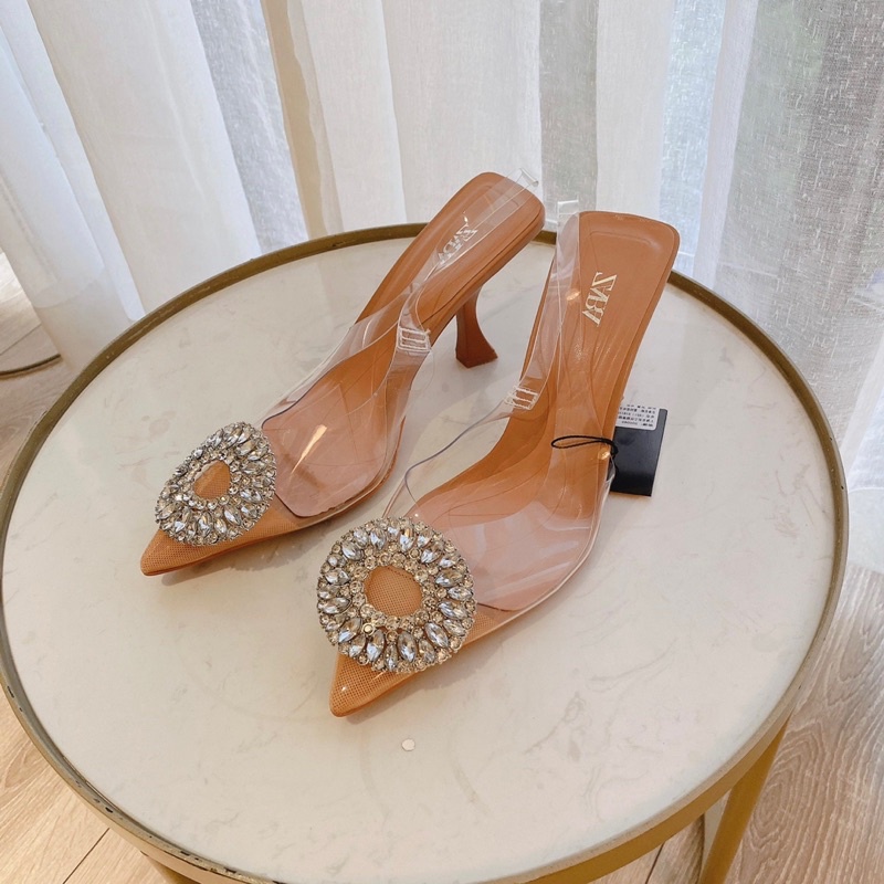 Giày cao gót ZR mica nơ đá tròn xuất xịn fullbox Hemin Shoes
