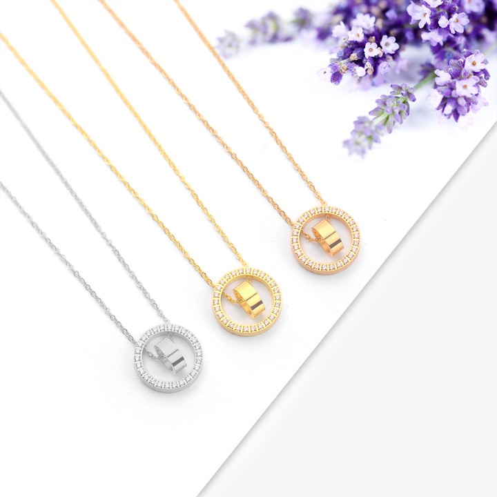 Dây chuyền titan 2 nhẫn lồng đính đá vòng quanh lấp lánh siêu đẹp, bền màu, hợp thời trang