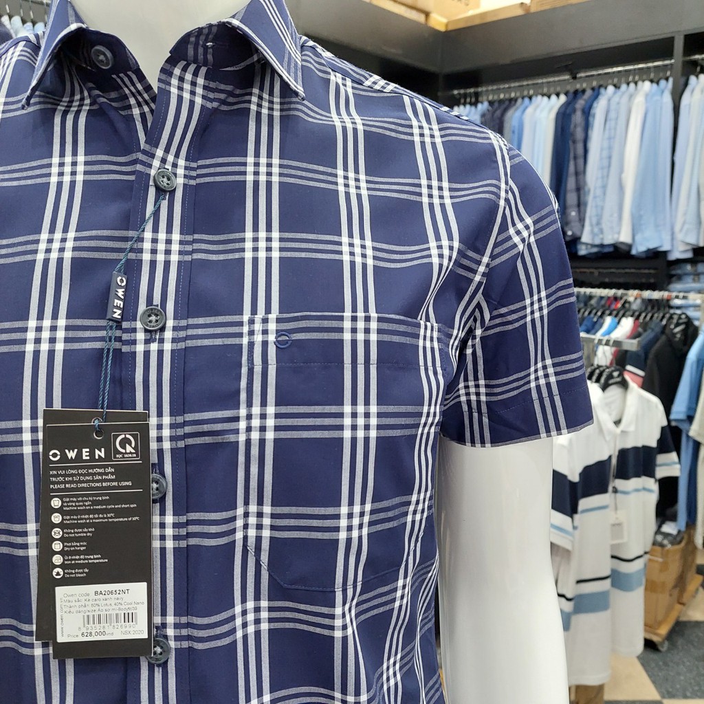 Áo Sơ Mi Nam Ngắn Tay Owen BA20652NT Somi Cộc Tay Công Sở Cao Cấp Kẻ Caro Xanh Navy Chất Sợi Sen Dáng Body Fit Tà Bằng
