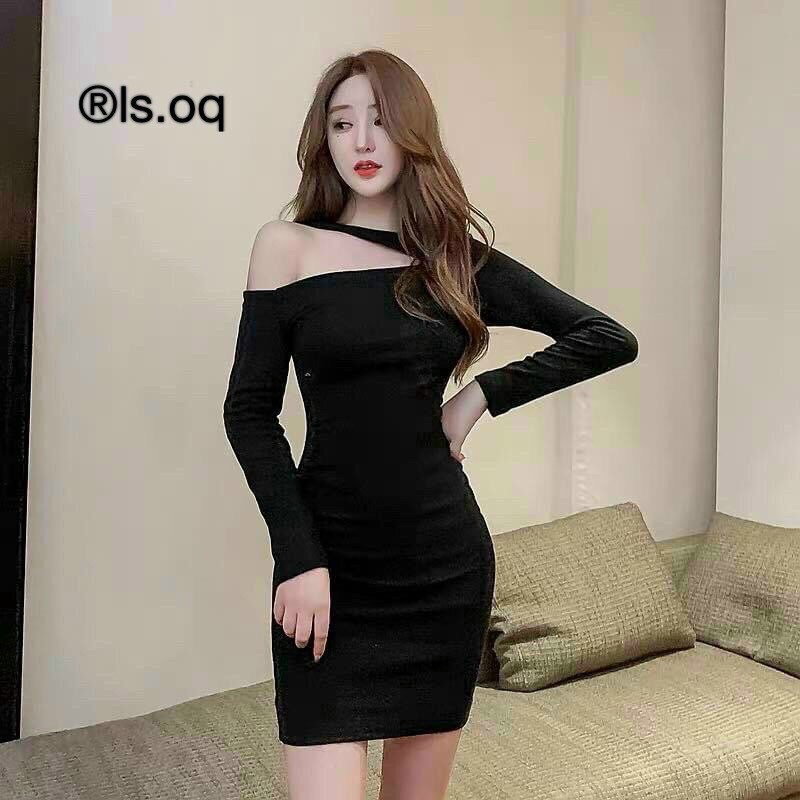 Đầm Ôm body tay dài Đầm khoắc cổ thun gân