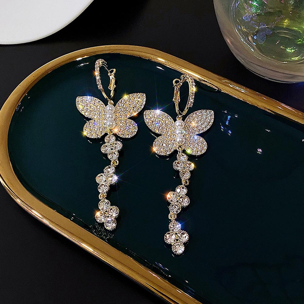 Đôi Khuyên Tai Dáng Dài Đính Đá Tạo Hình Bươm Bướm Xinh Xắn Cho Nữ