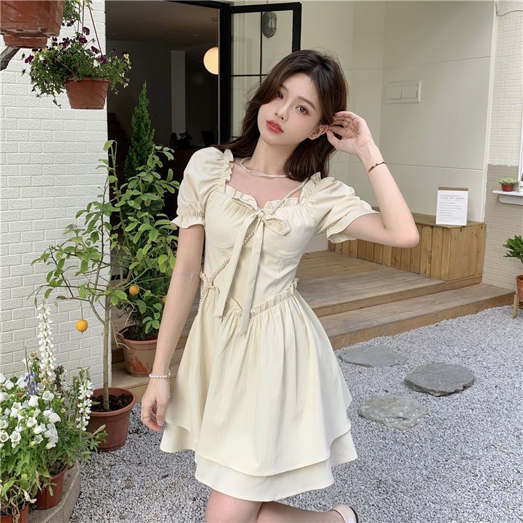 🎀váy babydoll Đầm Dáng Chữ A Cổ Vuông Tay Phồng Cột Dây Eo Thời Trang Xuân Hè Phong Cách Mới Cho Nữ