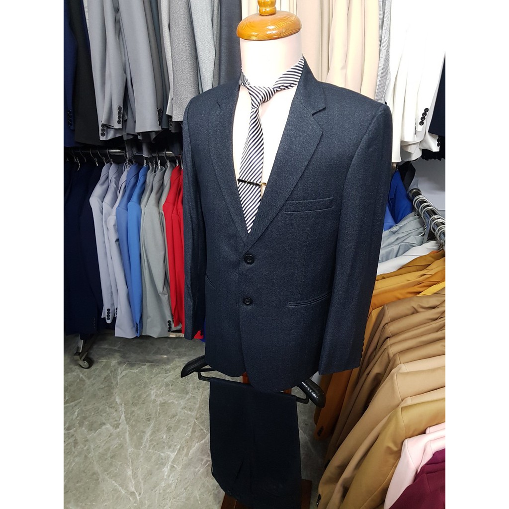 Bộ vest nam 2 nút form suông màu xanh đen tặng kèm cà vạt kẹp