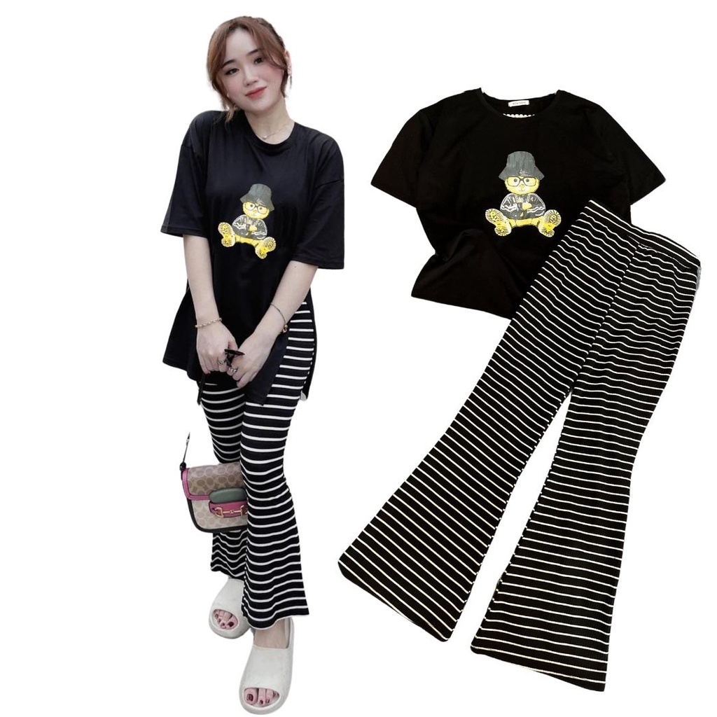 Set bộ áo thun in hình gấu form rộng kèm quần ống loe kẻ sọc Maimaihome