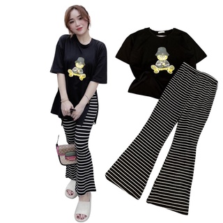 Set bộ áo thun in hình gấu form rộng kèm quần ống loe kẻ sọc Maimaihome