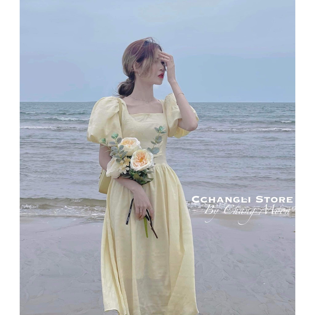 Váy đũi cổ vuông tay bồng thắt eo nhiều màu