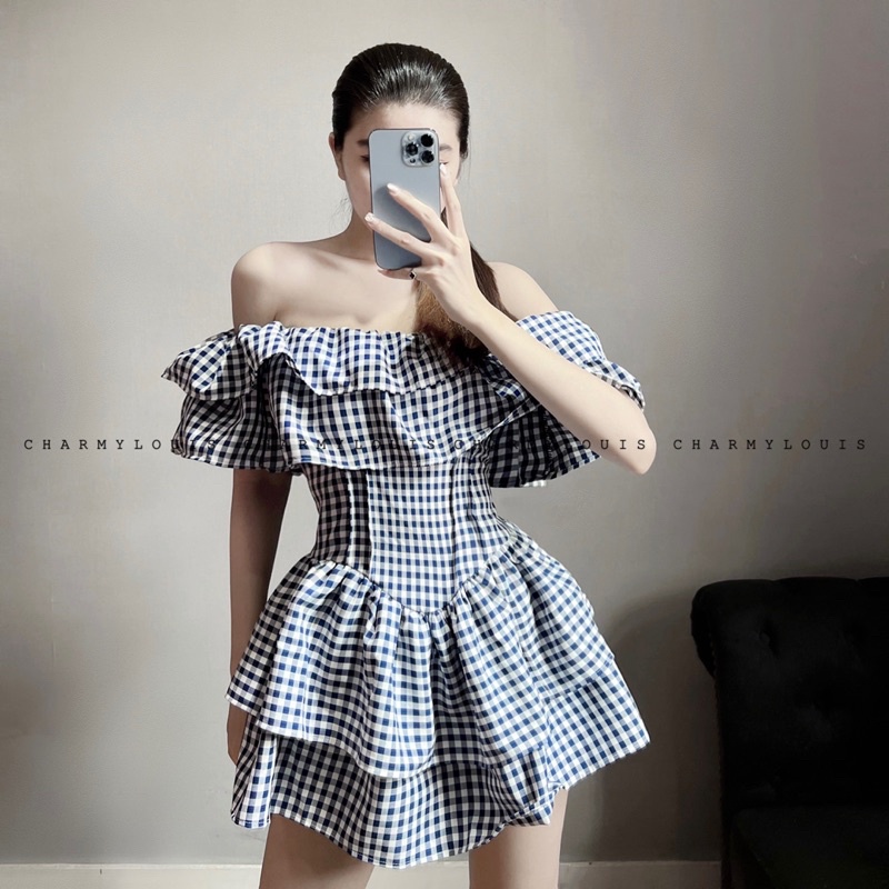 Đầm Tầng Bẹt Vai Caro Xanh