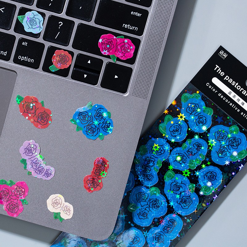 Set 2 tấm hình dán hoa hồng lấp lánh trang trí sổ lưu niệm