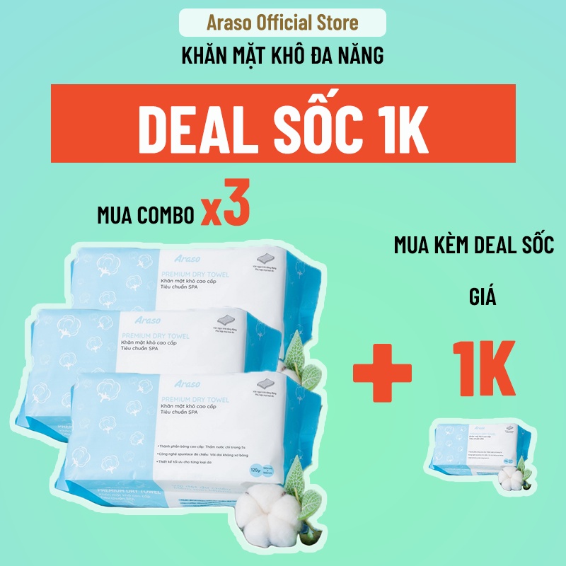 Combo 3 gói Khăn Mặt Khô, Khăn Giấy Khô đa năng ARASO dùng để lau khô, lau ướt, tẩy trang, không xơ dành cho mọi loại da
