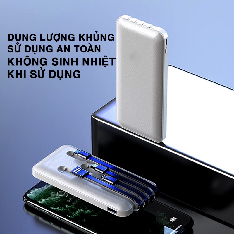 Sạc dự phòng 10000mAh T22 2.1A Sạc Nhanh  tích hợp sẵn 4 cáp sạc cáp sạc Lightning Type C Micro usb