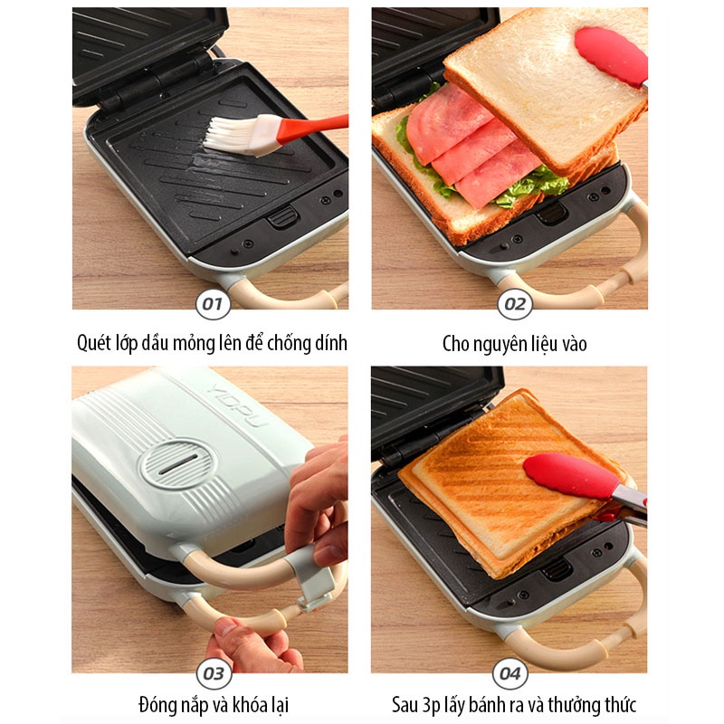 Máy Nướng Bánh Mỳ, Humberger, Sandwich, Rán Trứng, Làm Đồ Ăn Sáng, Máy Kẹp Nướng 2 Mặt Đa Năng Chống Bỏng