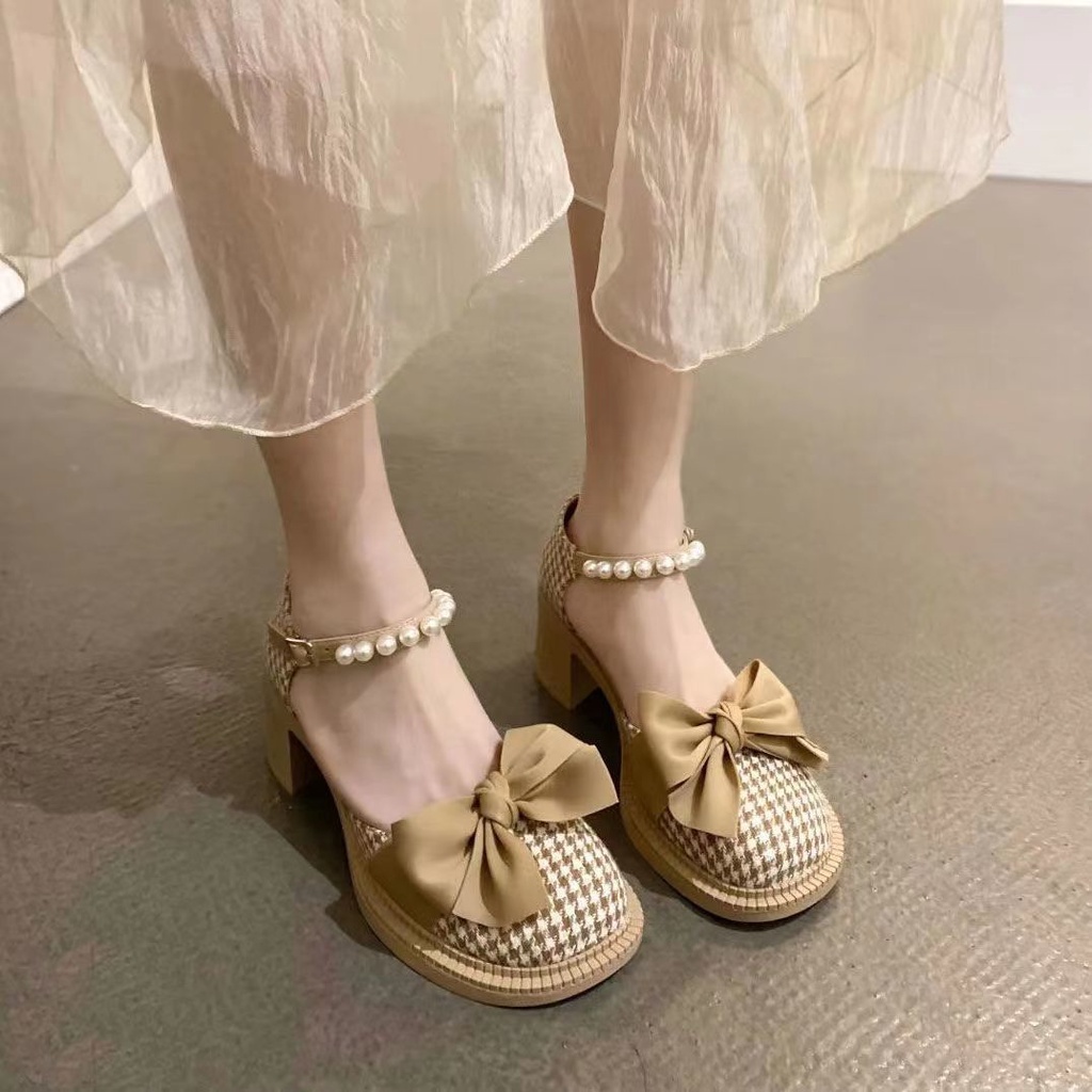 2022 Giày Mary Jane Gót Dày Đính Nơ Ngọc Trai Chống Trượt Thoải Mái Dễ Phối Đồ Giày cao gót
