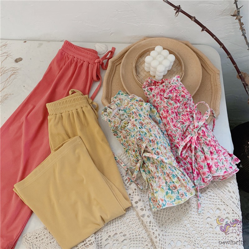 Set áo kiểu in hoa + quần dài ống rộng dành cho bé gái