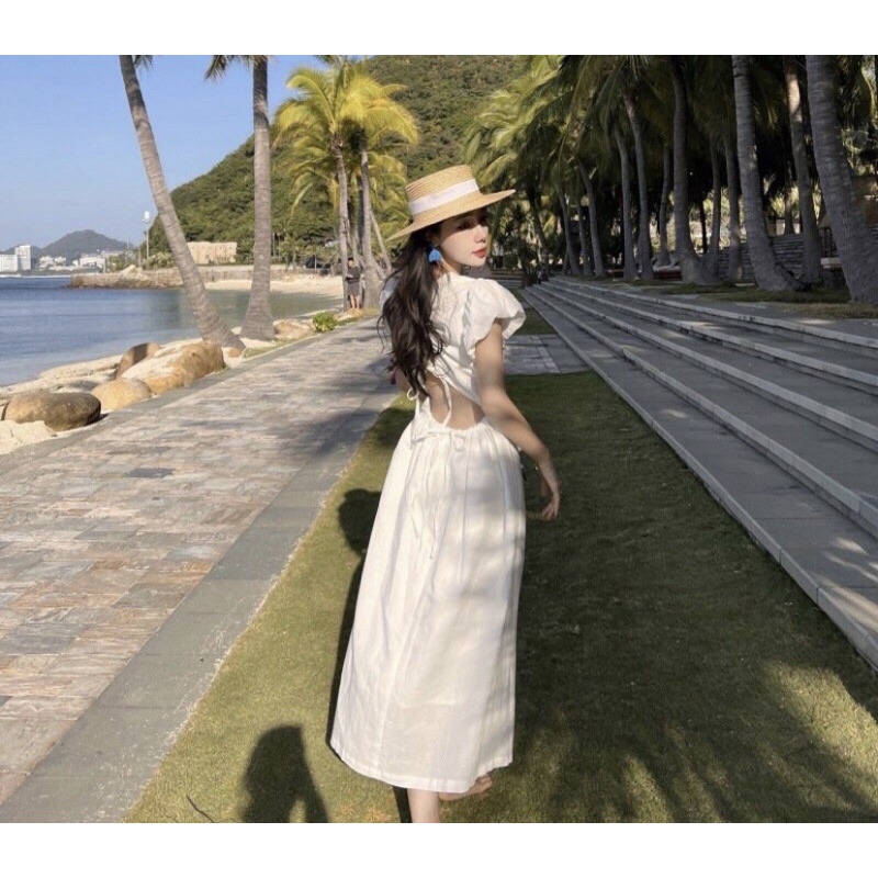 Váy trắng tiểu thư maxi hở lưng tay phồng minasa