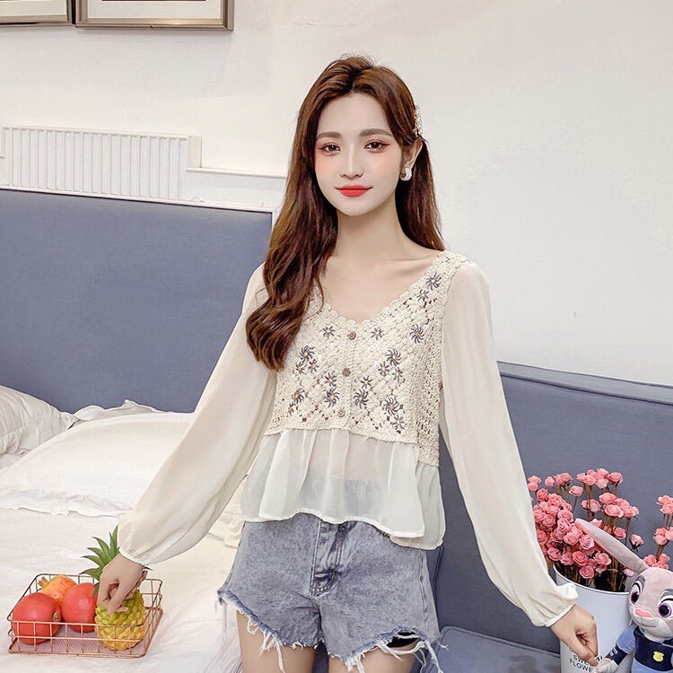 Áo kiểu BH cổ chữ V tay phồng thêu họa tiết thời trang mùa xuân cho nữ 2021