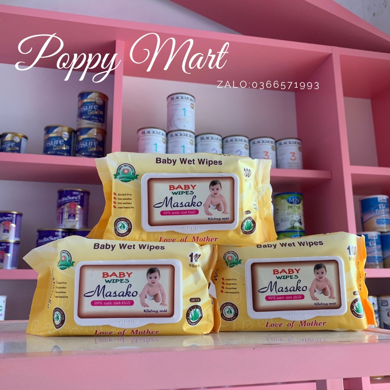 Khăn ướt Masako 99% nước tinh khiết-Không cồn-không mùi-không hóa chất.(An Toàn cho trẻ)
