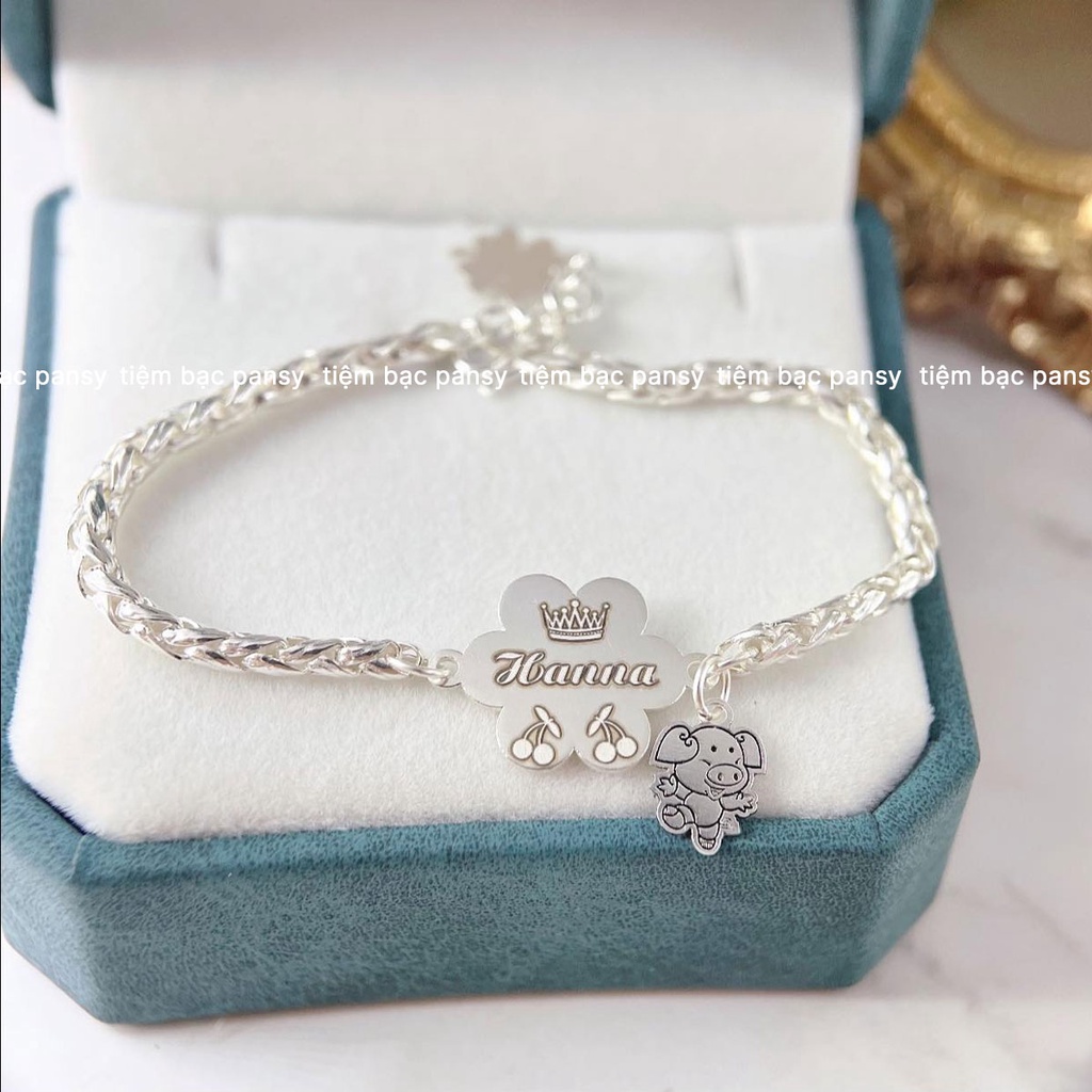 Vòng lắc bạc ta khắc tên cho bé hình bông hoa dễ thương - Lắc bạc trẻ em PANSY cao cấp