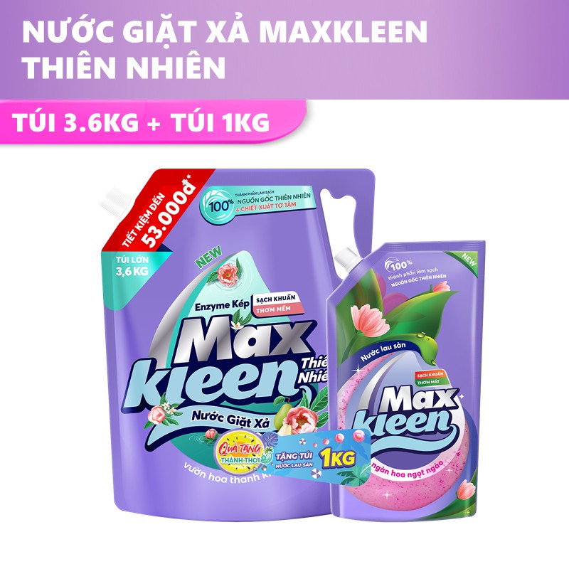 Combo Túi nước giặt xả MaxKleen 3.8kg/3.6kg + Túi lau sàn MaxKleen 1kg ngàn hoa ngọt ngào