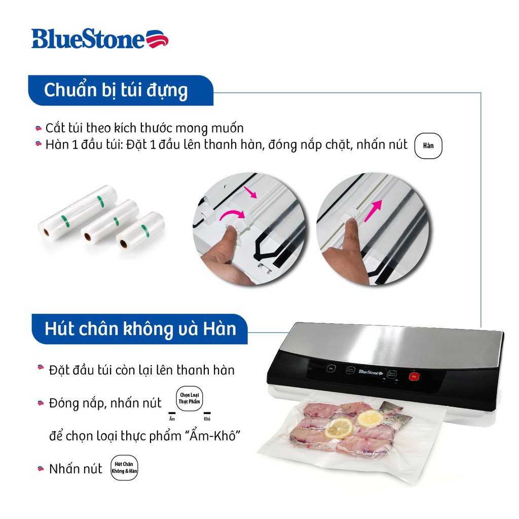 Máy hút chân không BlueStone VSB-2735,Hàn miệng túi bảo quản thực phẩm, Bảo hành chính hãng 2 năm