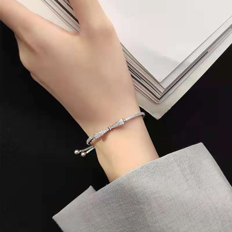 Vòng tay bạc S925 dây rút - Lắc tay nữ bạc Ý dây rút hình nơ đính đá Bling Bow dễ thương Vườn Trang Sức VTSVT023