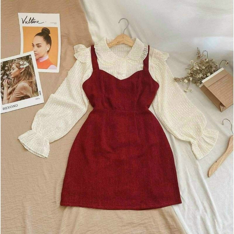 Set yếm nhung đỏ x áo cổ sen bèo tay loe [INBOX MINI CHECK HÀNG TRƯỚC KHI ORDER]