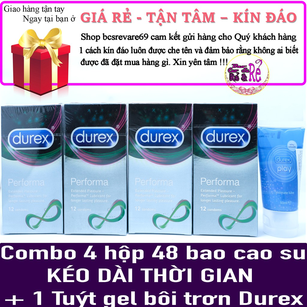 [FREE SHIP] COMBO 4 Hộp 48 cái Bao Cao Su KÉO DÀI CUỘC YÊU Durex Performa + 1 tuýt gel bôi trơn Durex Play