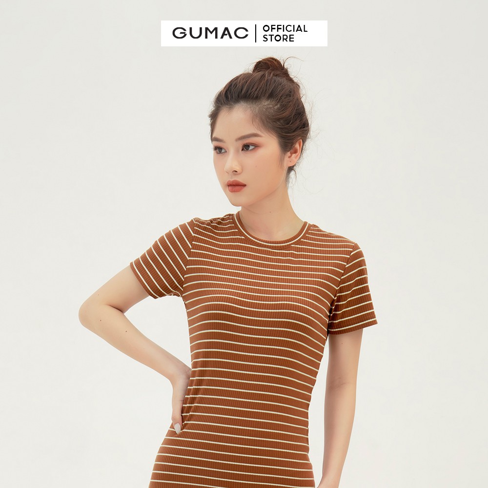 Đầm thun nữ ôm body GUMAC chất liệu sọc ngang, tay ngắn sexy DB303 | BigBuy360 - bigbuy360.vn