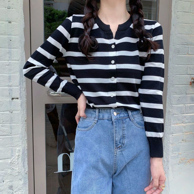 Áo Khoác Cardigan Dệt Kim Tay Dài Dáng Rộng Họa Tiết Kẻ Sọc Thời Trang Hàn Quốc Mới Cho Nữ