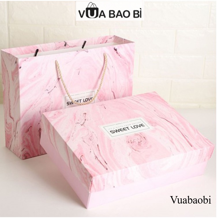 Hộp đựng quà tặng 20/10 nắp vân đá kèm túi quai lụa 30.5x22 x10cm rơm giấy lót -Vua Bao Bì quà sinh nhật, tốt nghiệp