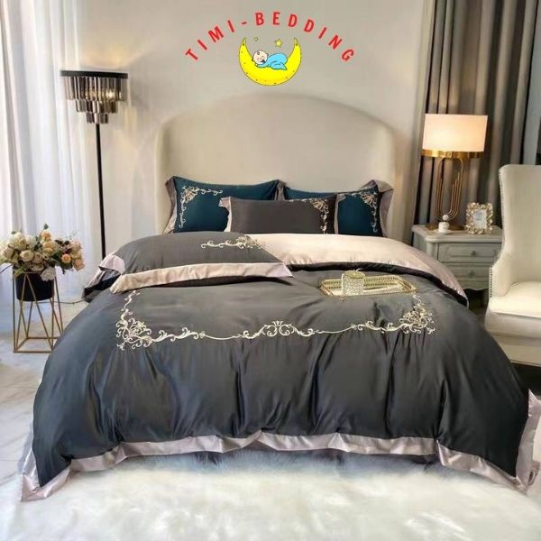 Bộ chăn ga gối lụa 4 món thêu hoàng gia cao cấp, nhập khẩu, sang trọng – Set ga gối lụa – Timibedding
