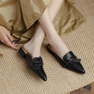 Dép sục nữ da lì mũi nhọn phối nơ siêu xinh