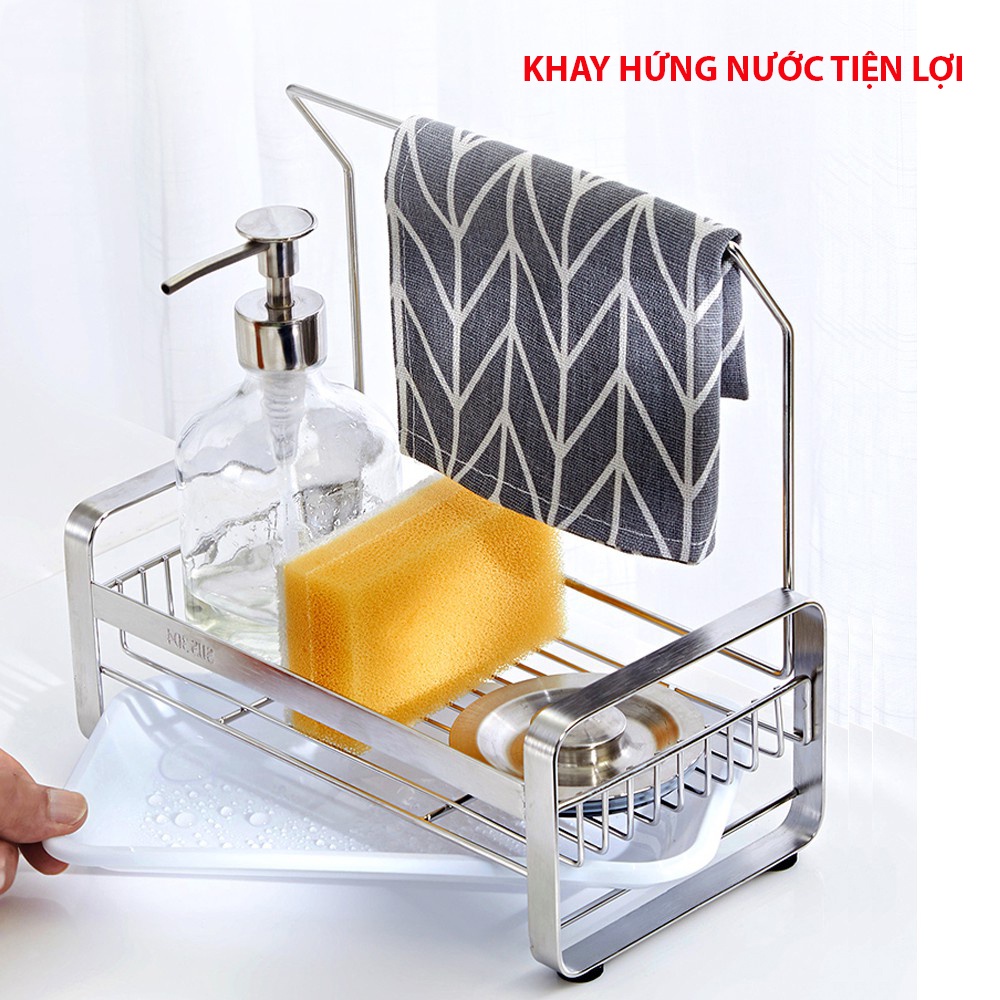 Kệ đựng đồ rửa chén bát có thanh treo khăn Inox SUS 304 cao cấp, không rỉ sét