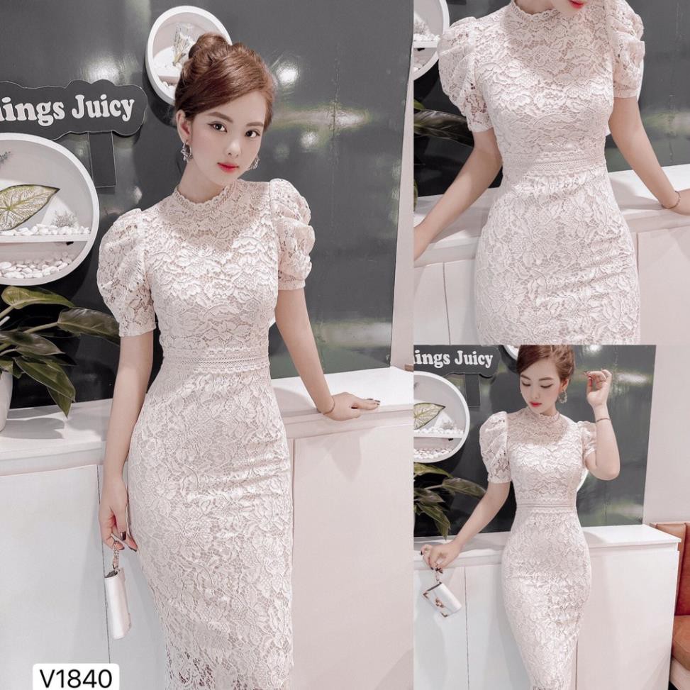Váy ren kem tay bồng V1840 - Váy DVC - Kèm ảnh thật trải sàn do shop tự chụp